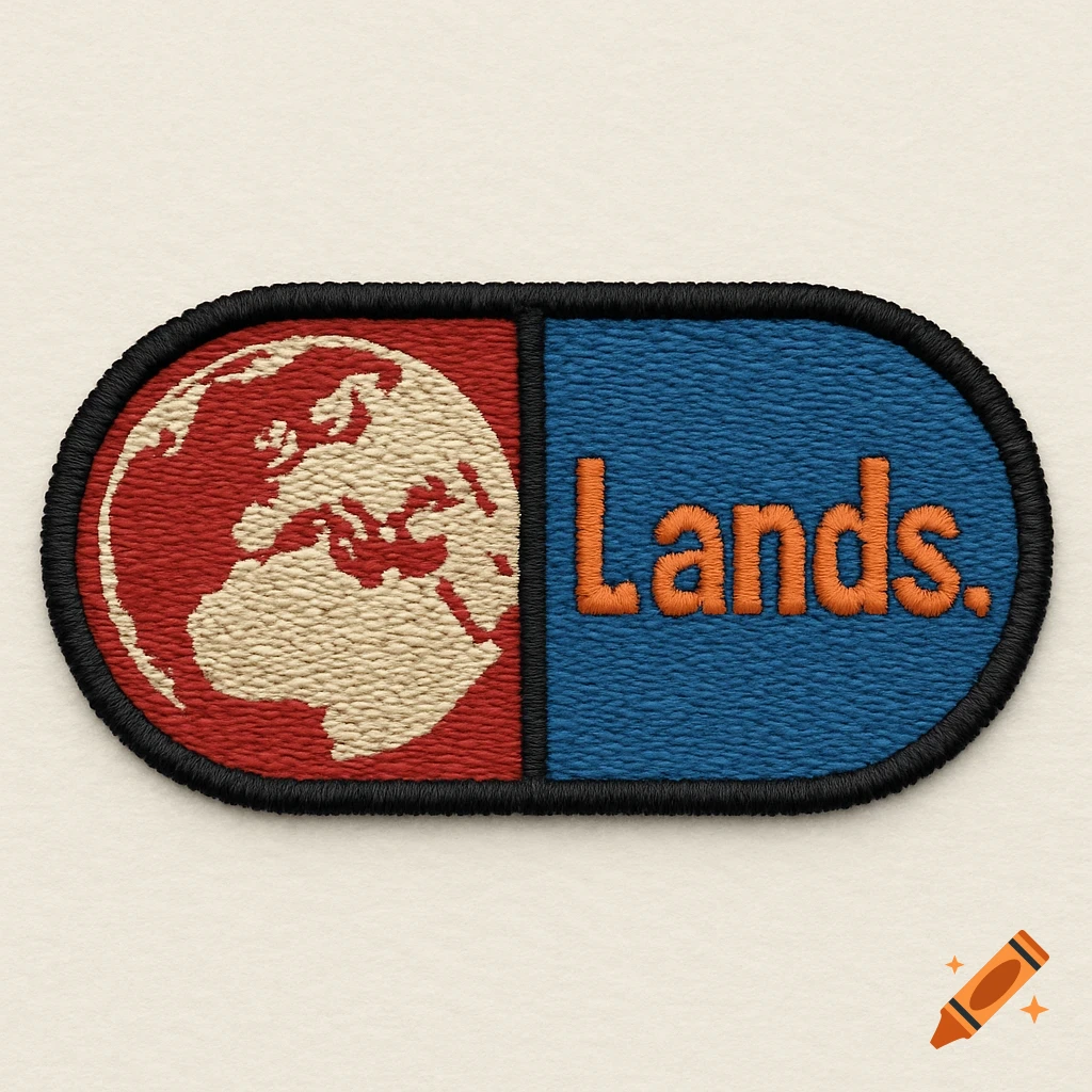 An embroidered patch depicting half a red globe and half a blue section with the orange text 'Lands.'