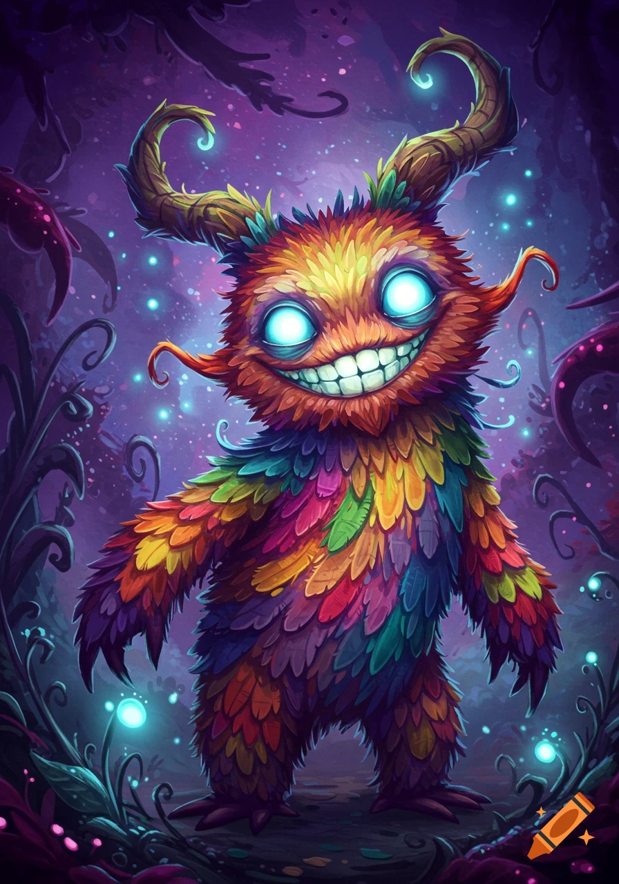Colorful furry creature with horns and wide grin in a glowing fantasy forest. Digital art.