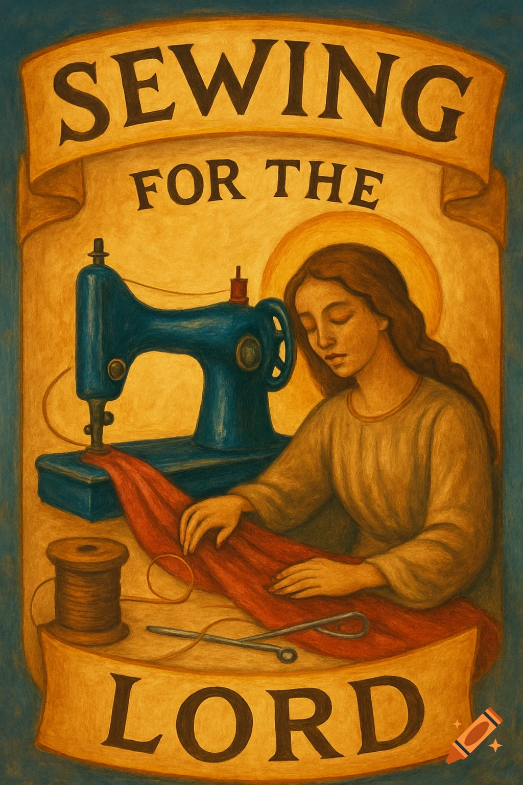 Painting of a saintly woman sewing at a machine beneath a banner reading 'Sewing for the Lord'