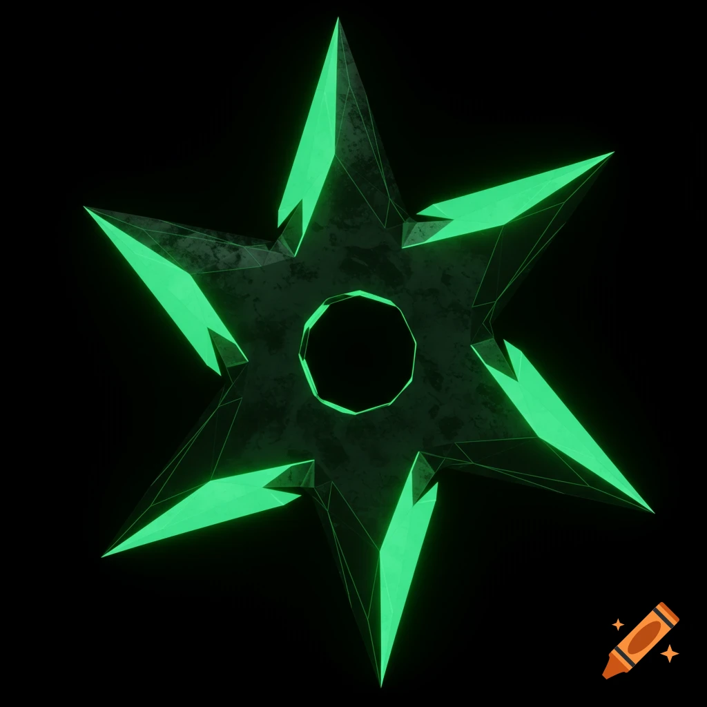 Green 3D geometric ninja star with neon glow on black background.