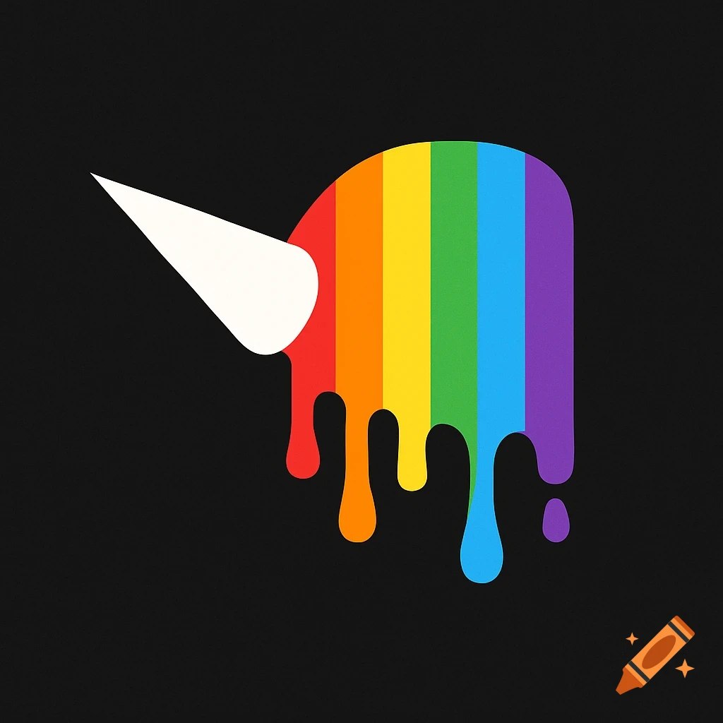 Logo of a white unicorn horn turning into dripping rainbow paint on a black background.