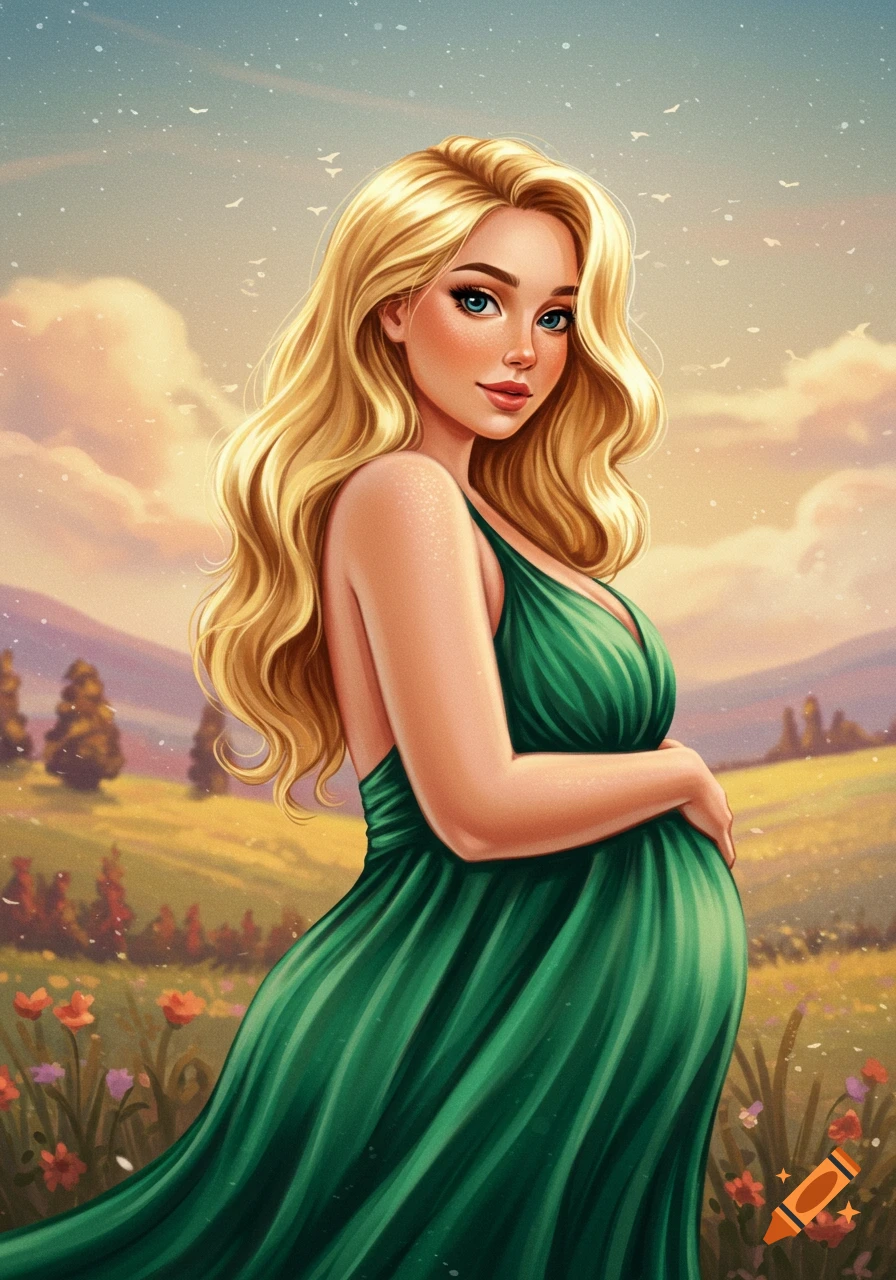 Digital art portrait of a pregnant blonde woman in a green dress in a field. on Craiyon Digital art portrait of a pregnant blonde woman in a green dress in a field. on Craiyon