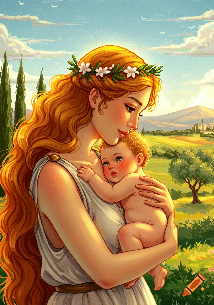 A woman with long red hair and a white dress holds a baby in a sunny classical landscape with trees and mountains.