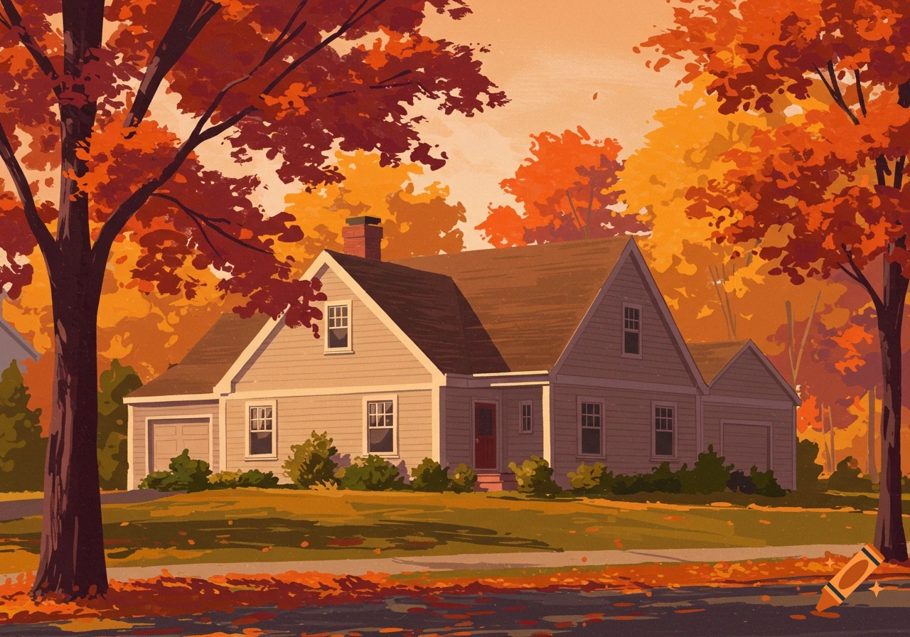 A lo-fi expressionist painting of a cape cod style house in the suburbs during the fall season.