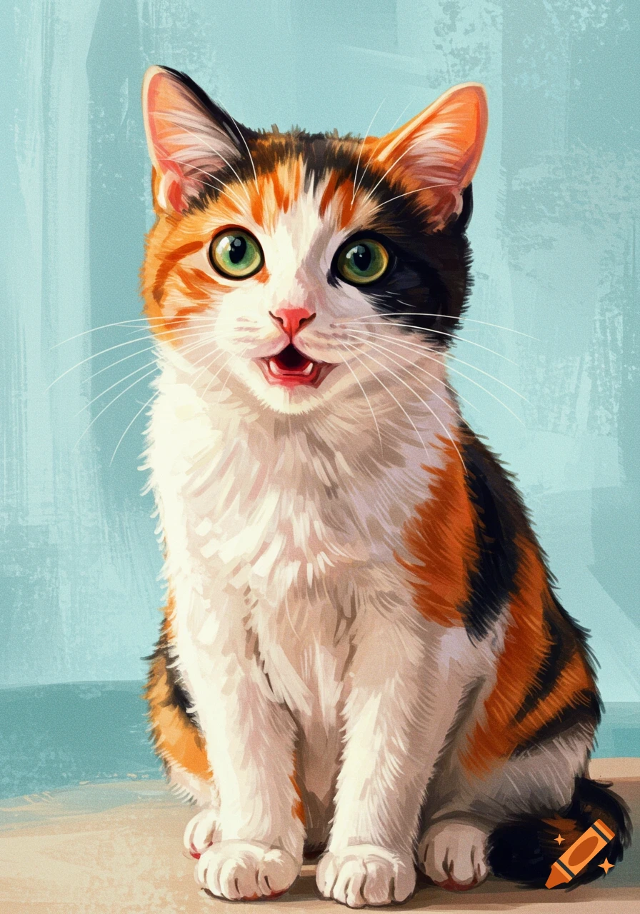 Illustration of a calico cat with wide eyes meowing against a blue background.