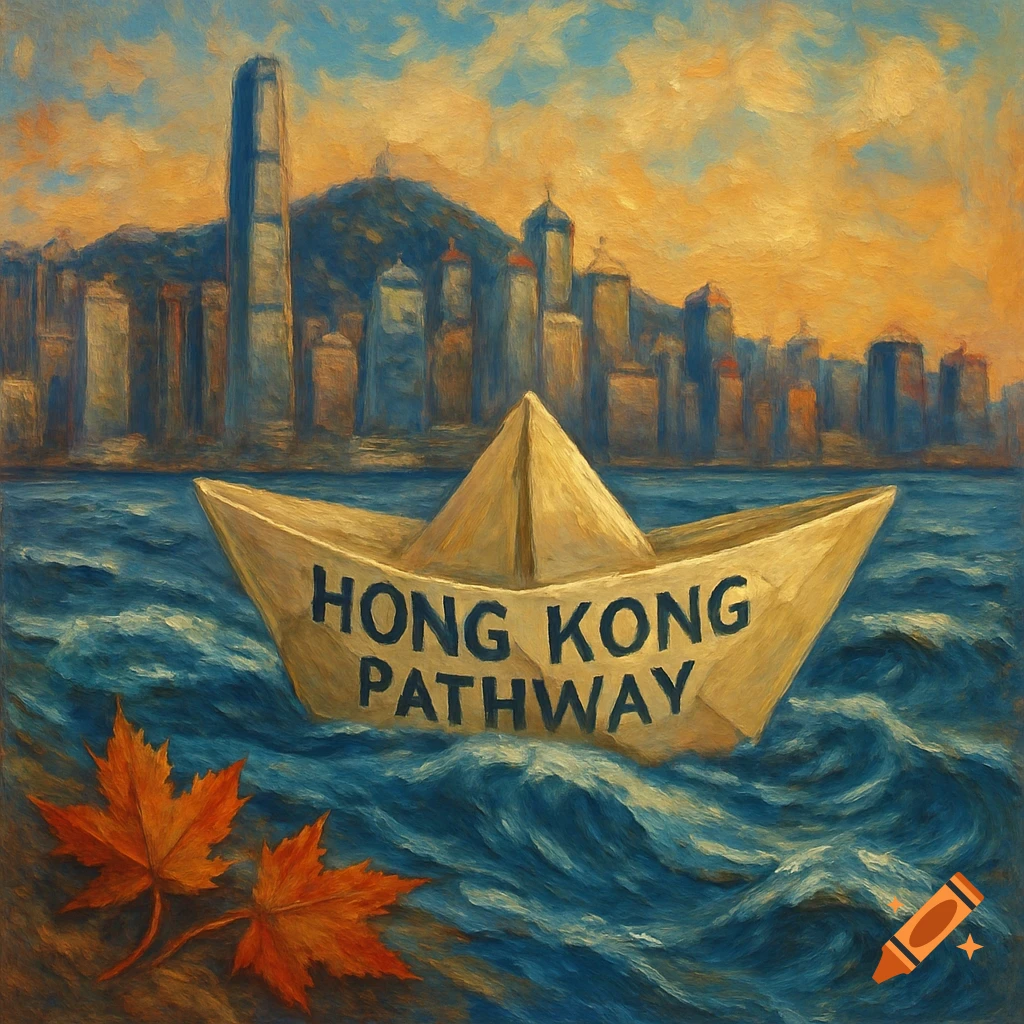 An oil painting of a paper boat with 'HONG KONG PATHWAY' written on it, floating on water with autumn leaves in the foreground and a city skyline in the background.