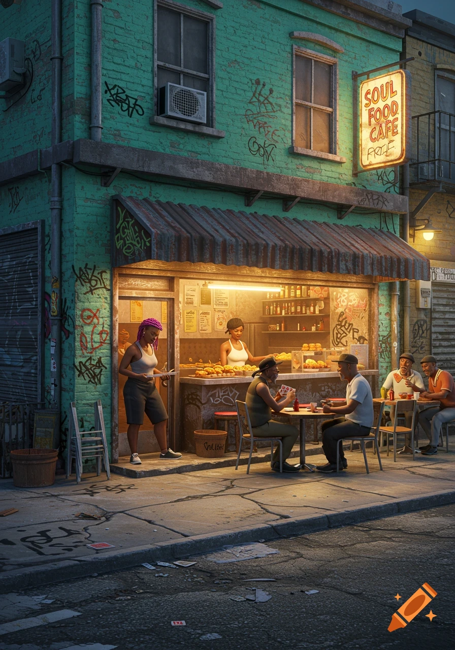 3d render of a Soul Food Cafe on a street corner with people sitting outside.