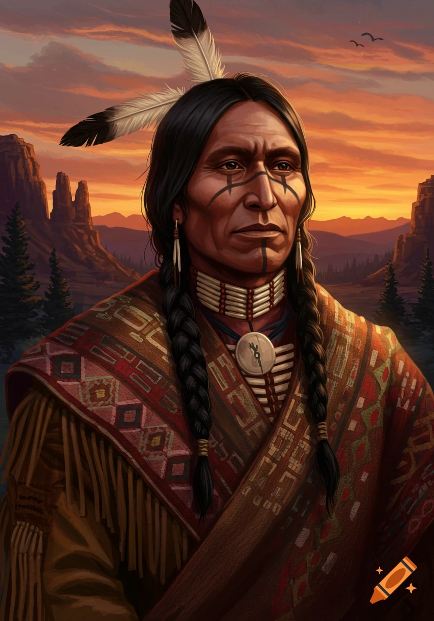 Portrait of a Native American man in traditional clothing against a sunset landscape, digital painting.
