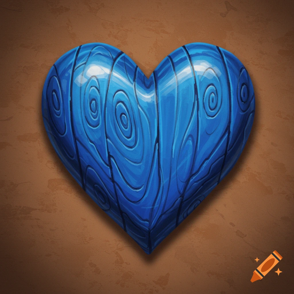 A blue wooden heart with visible grain on a textured brown background.