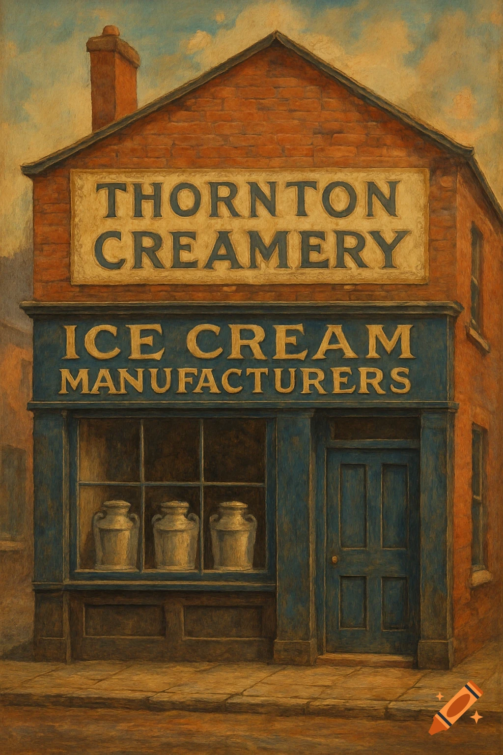 Painting of a vintage building with 'Thornton Creamery ICE CREAM MANUFACTURERS' signs.