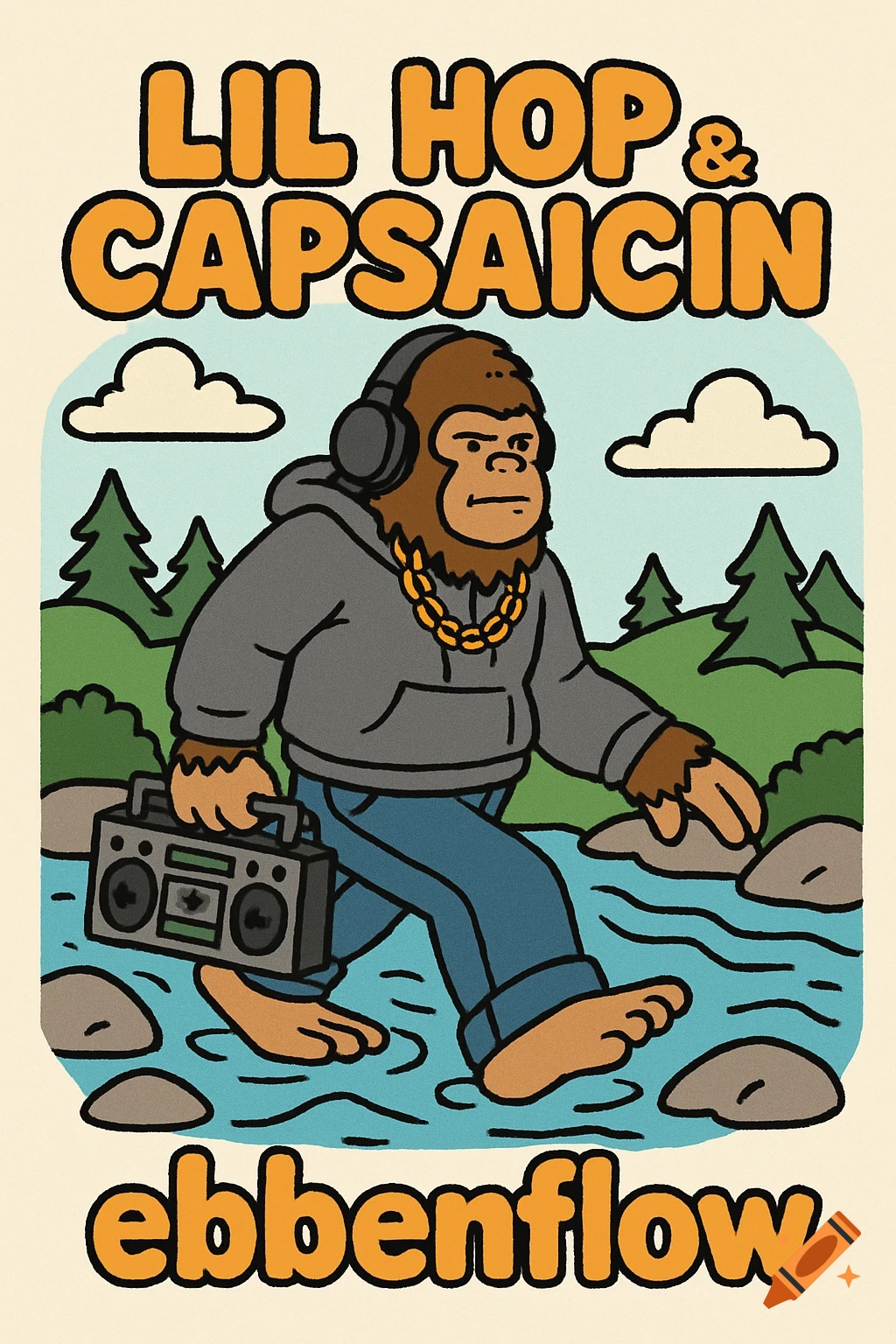 Cartoon Bigfoot with headphones, gold chain, hoodie, and jeans, carrying a boombox and walking through a river, with text.