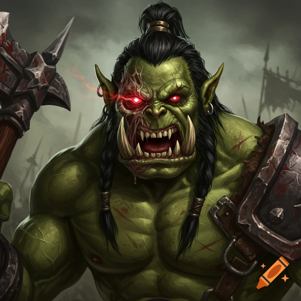 Close-up fantasy illustration of a green orc with a damaged face and an axe