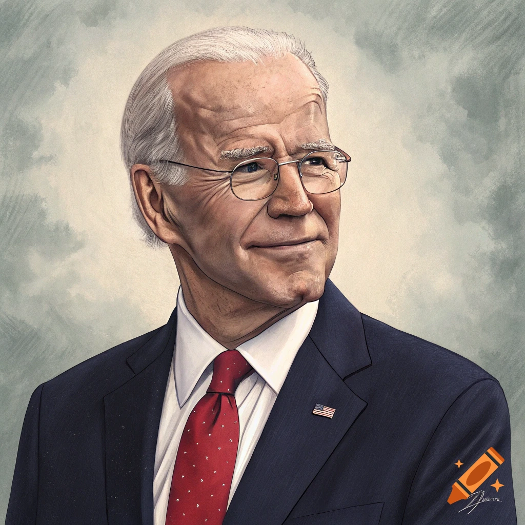 A painted illustration portrait of Joe Biden in a dark suit and red tie, smiling and looking right.