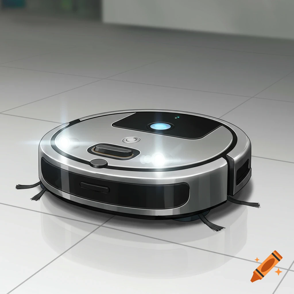 Digital illustration of a silver and black robot vacuum cleaner on a tiled floor.