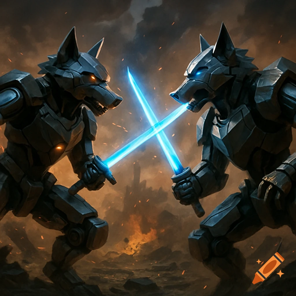 Two robotic wolves with glowing eyes battle with blue energy swords in a fiery, war-torn landscape.