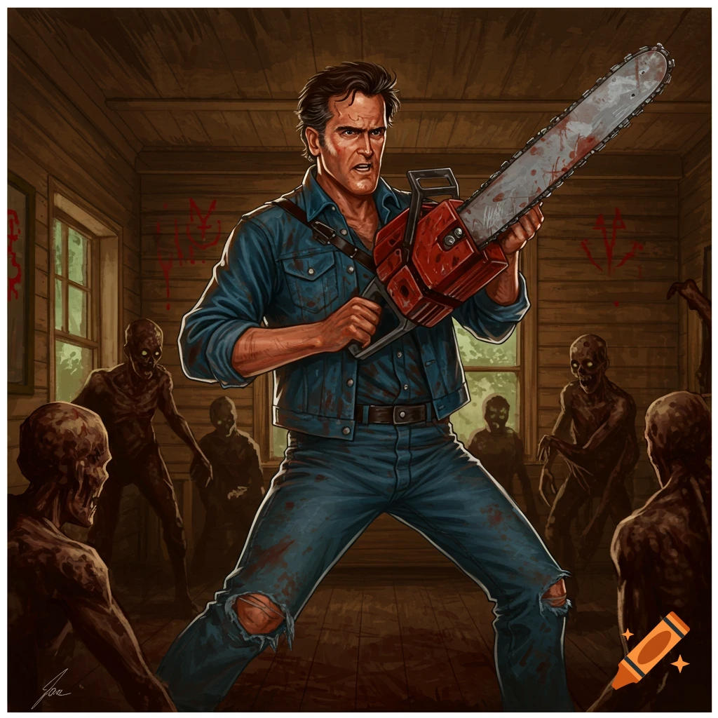 Ash Williams fights zombies with a bloody chainsaw in a cabin.