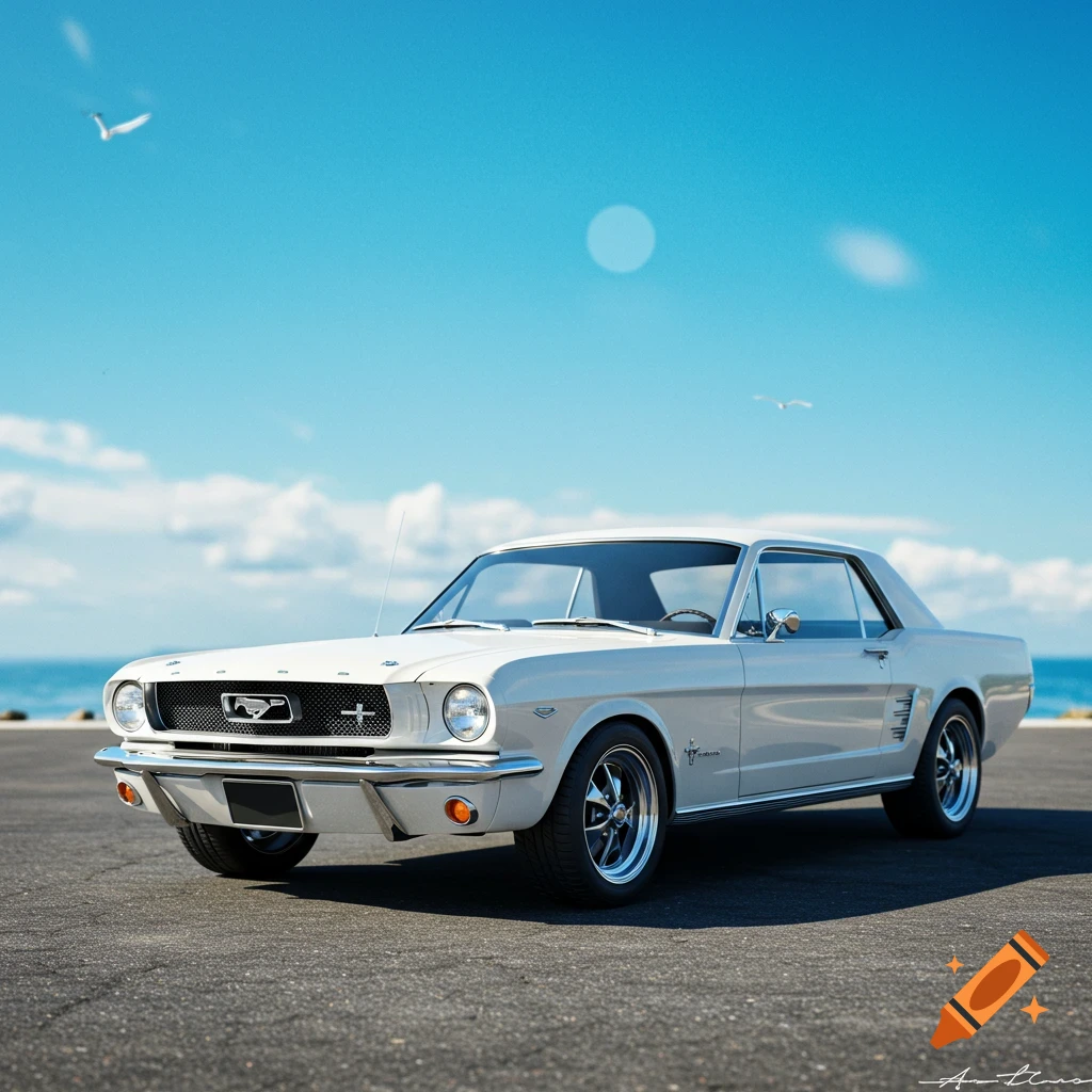 A white classic Ford Mustang parked on asphalt near a beach.