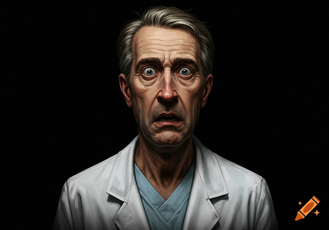 A portait of a man in a doctor's coat looking scared with wide eyes against a black background.