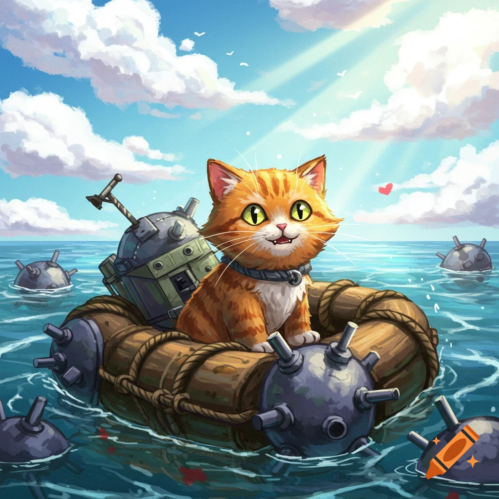 An illustration of a cartoon cat on a wooden raft surrounded by mines in the sea under a sunny sky.