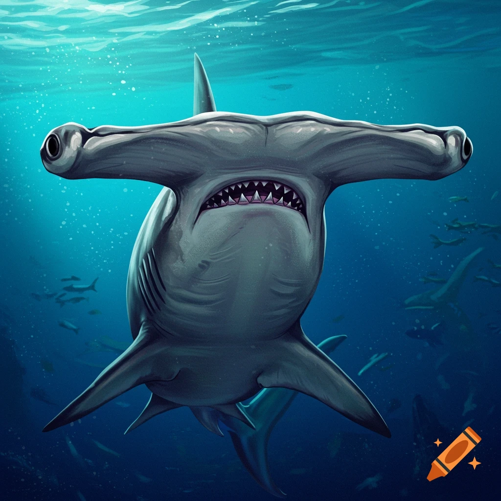 A stylized illustration of a hammerhead shark swimming underwater, viewed from the front.