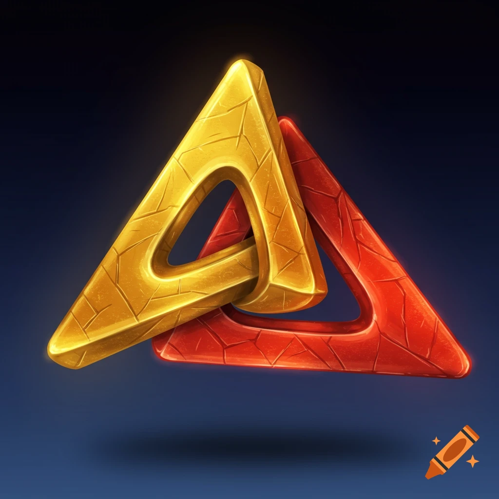 Entwined gold and red textured triangles against a dark background.