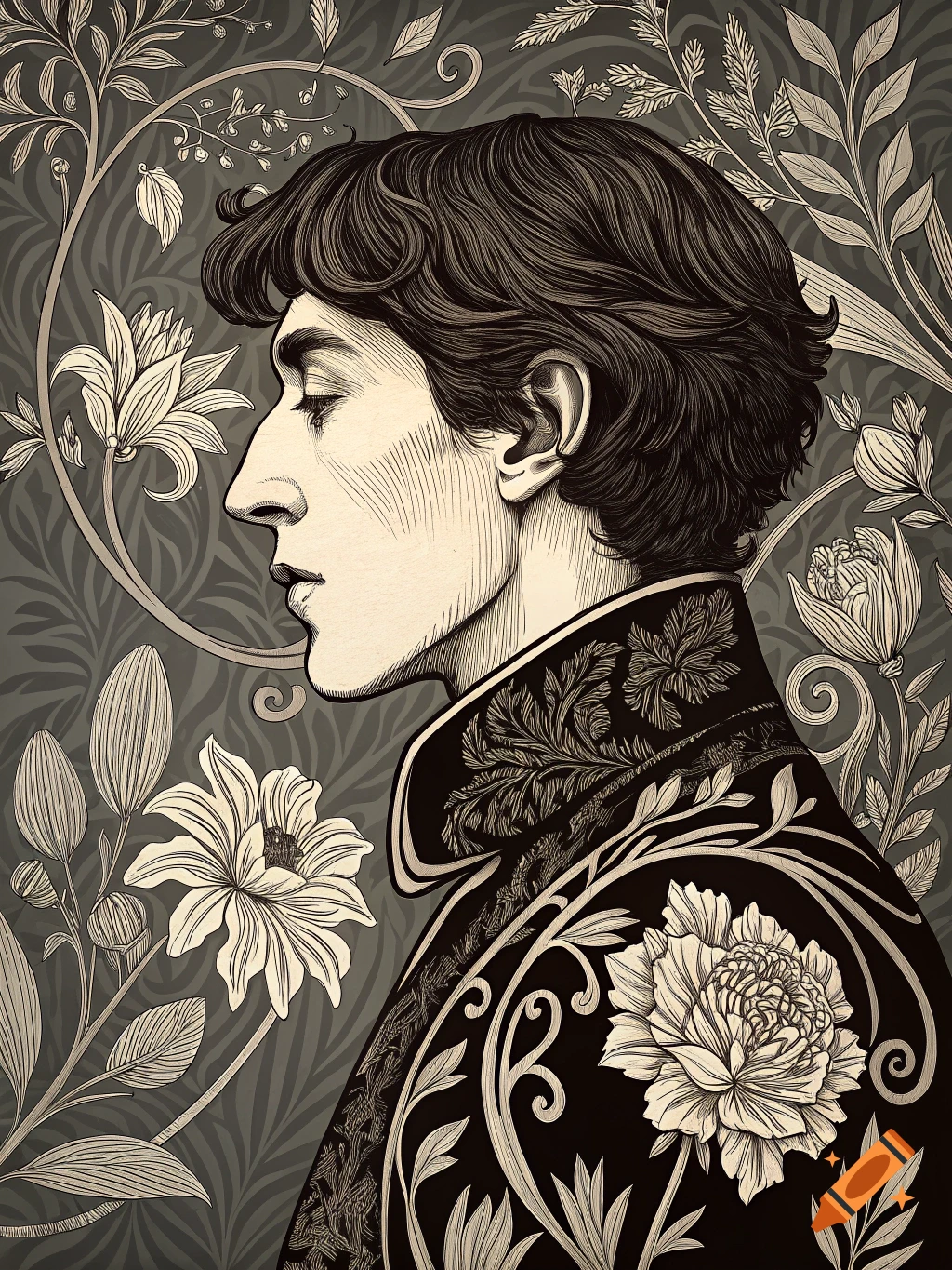 Black and white illustration of a person in profile wearing a decorative jacket against a floral background.