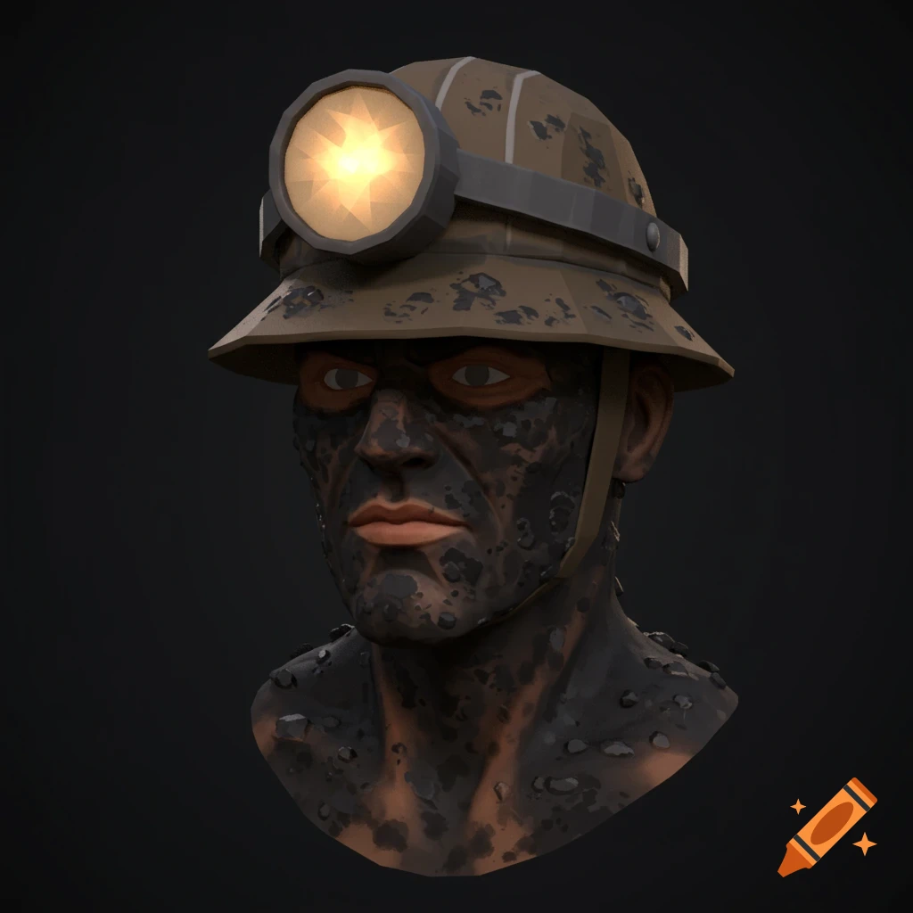Low poly headshot of a character wearing a mining helmet and covered in coal soot.