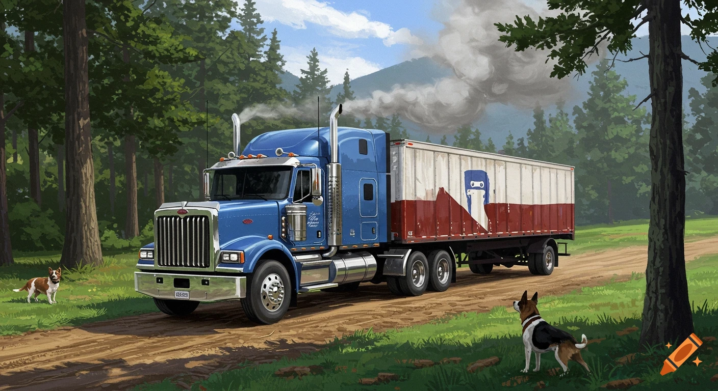 Blue semi-truck with trailer on a dirt forest road with two dogs. Painterly style.