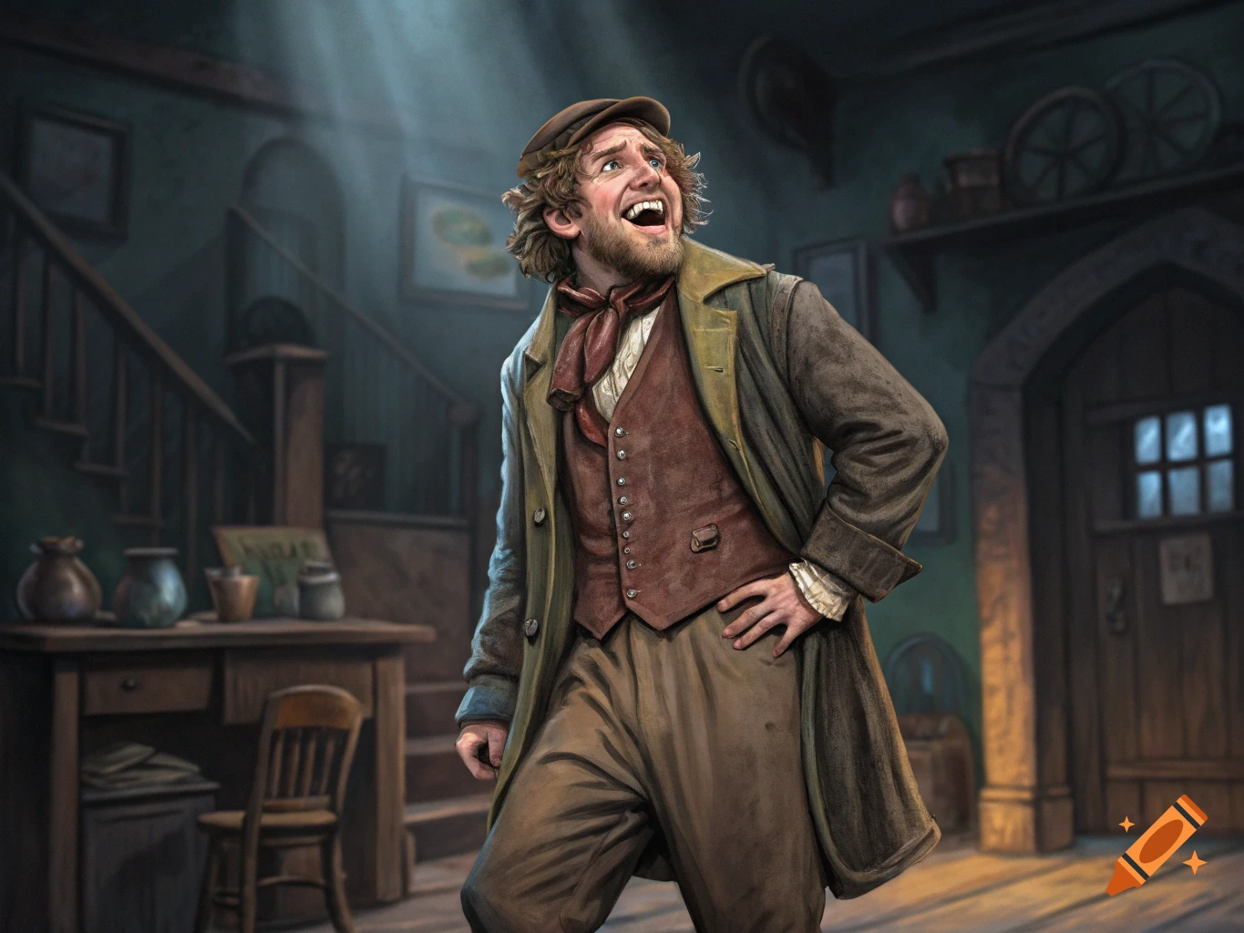 A man in historical clothing with a wide, theatrical expression stands in an old interior.