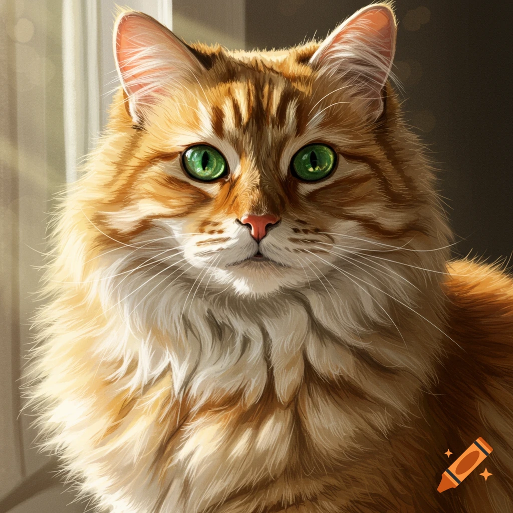 Close-up portrait of an orange tabby cat with bright green eyes looking ...