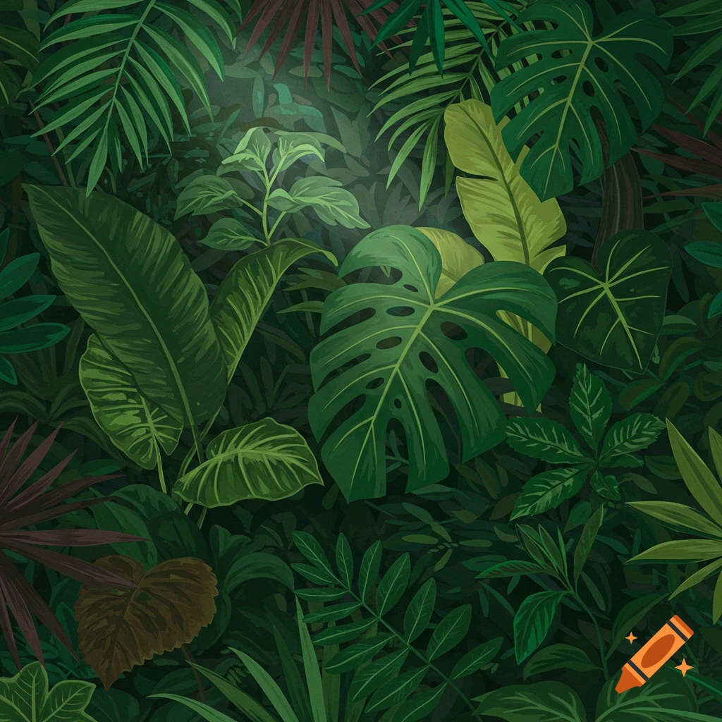 Close-up view of dense, lush green jungle leaves.