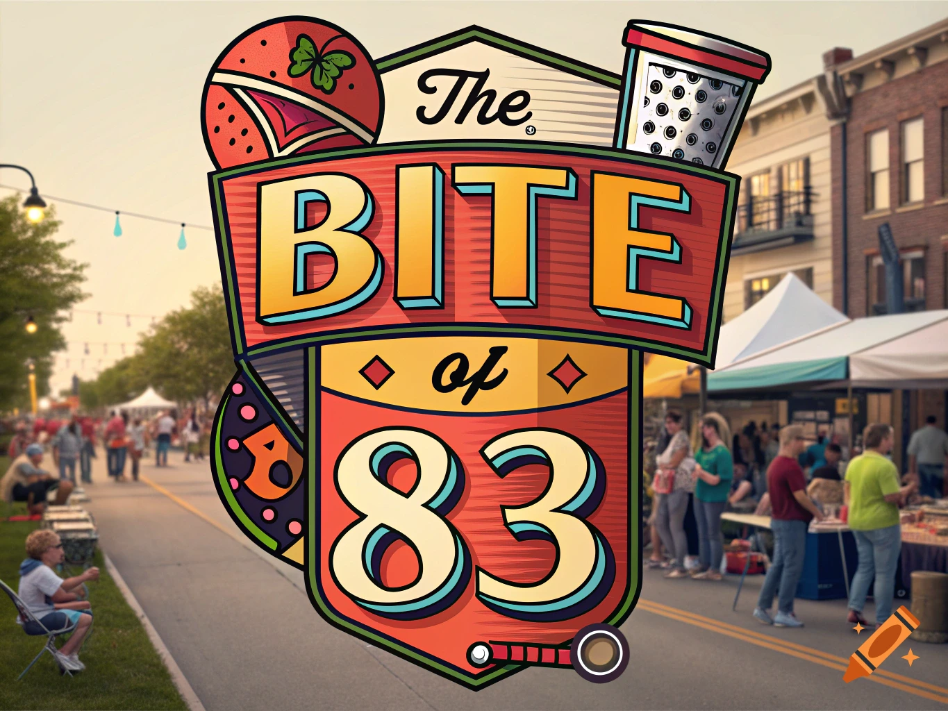 Stylized graphic reading "The Bite of 83" overlayed on a blurred photo of an outdoor festival scene.