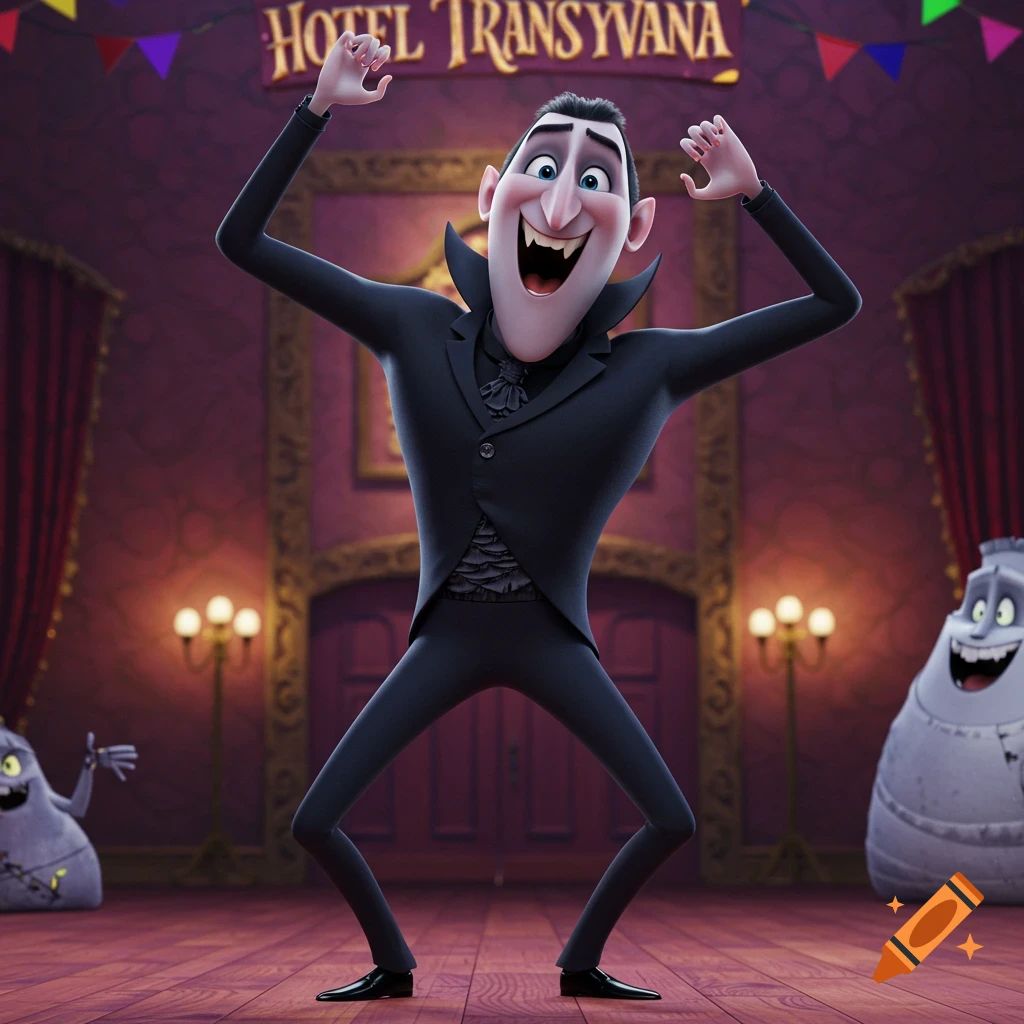 Dracula from Hotel Transylvania poses with arms raised inside the hotel lobby.