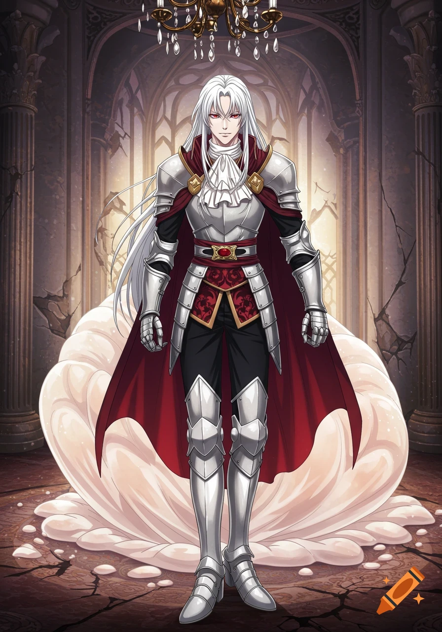 A white-haired knight with red eyes stands in a ruined mansion in anime style.