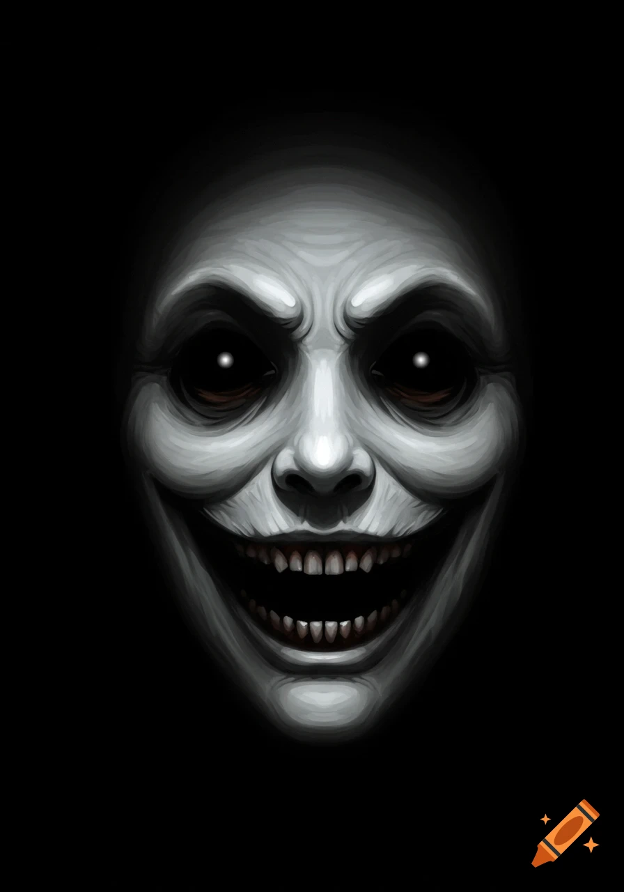 A scary white face with dark eyes grins menacingly in the darkness, a digital illustration.