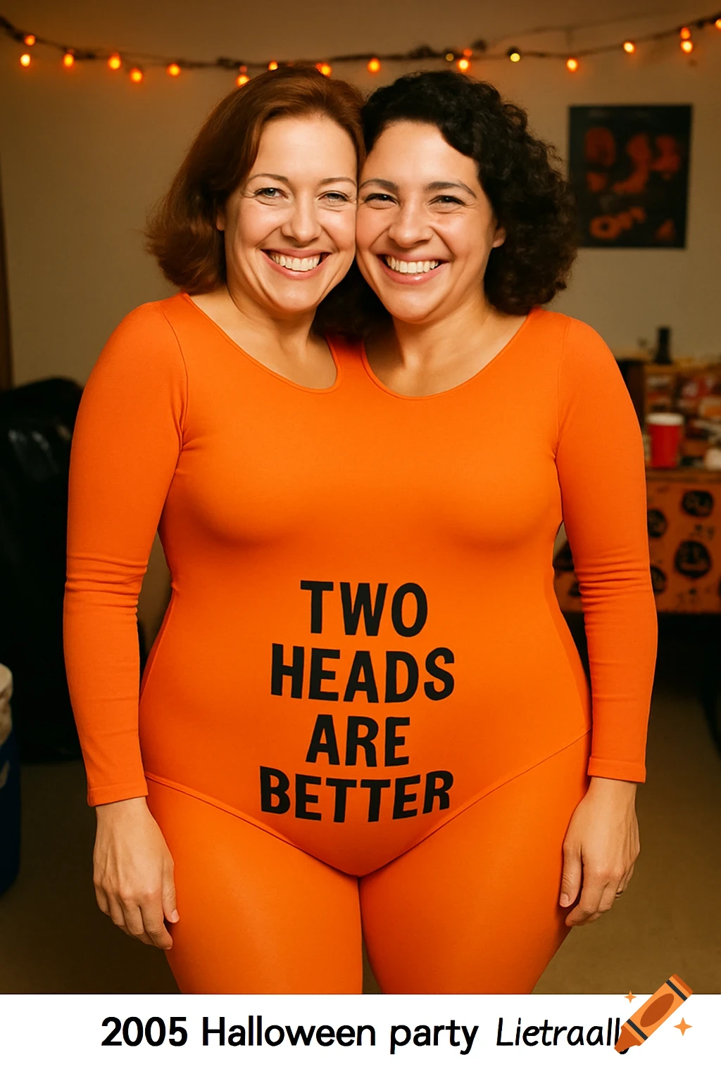 Two women wearing an orange bodysuit that says 'Two heads are better' for a Halloween party.