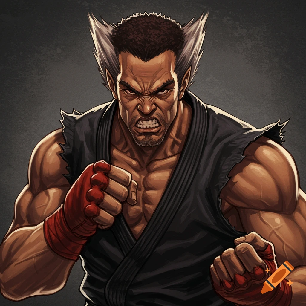 A muscular man resembling Heihachi Mishima in a fighting stance, wearing a black gi and red wraps. Stylized illustration.