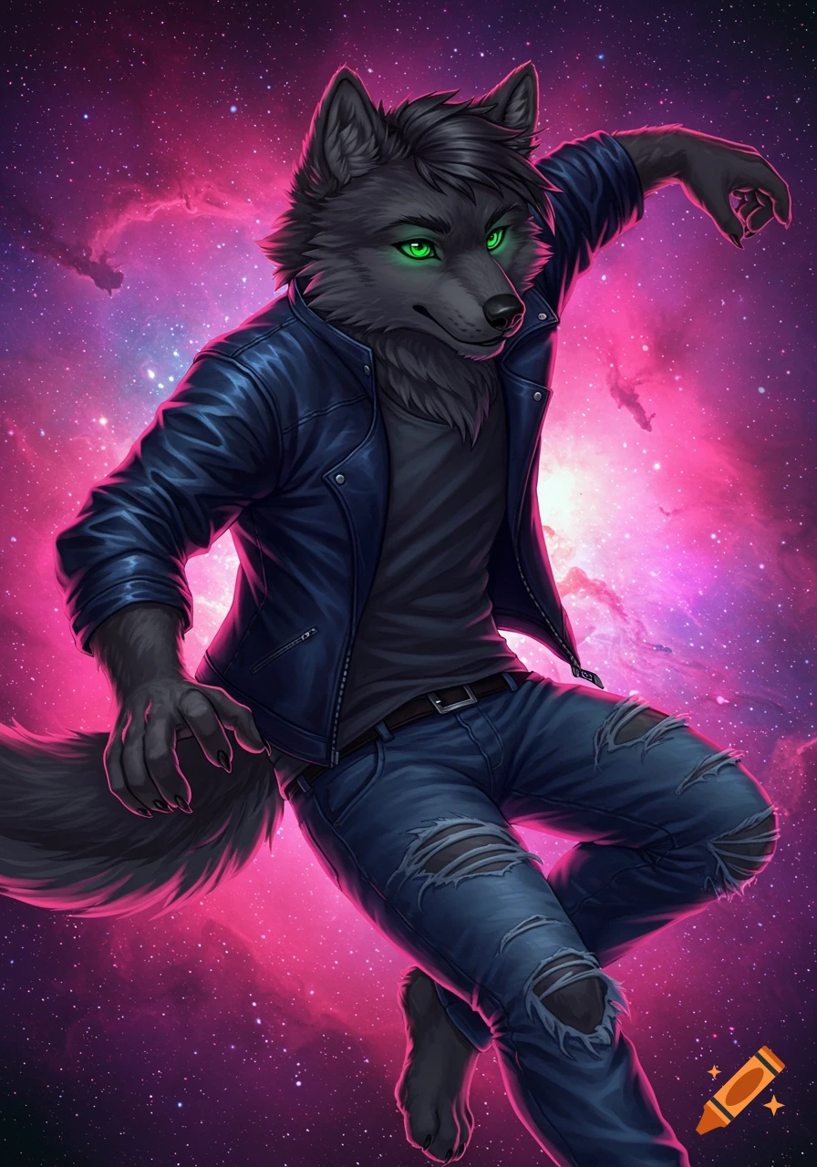 A wolf furry in a blue leather jacket and ripped jeans jumps against a pink and purple galaxy background.