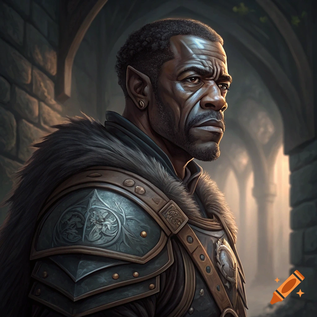 Fantasy portrait of a dark-skinned male character with pointed ears, wearing detailed armor in a dungeon.