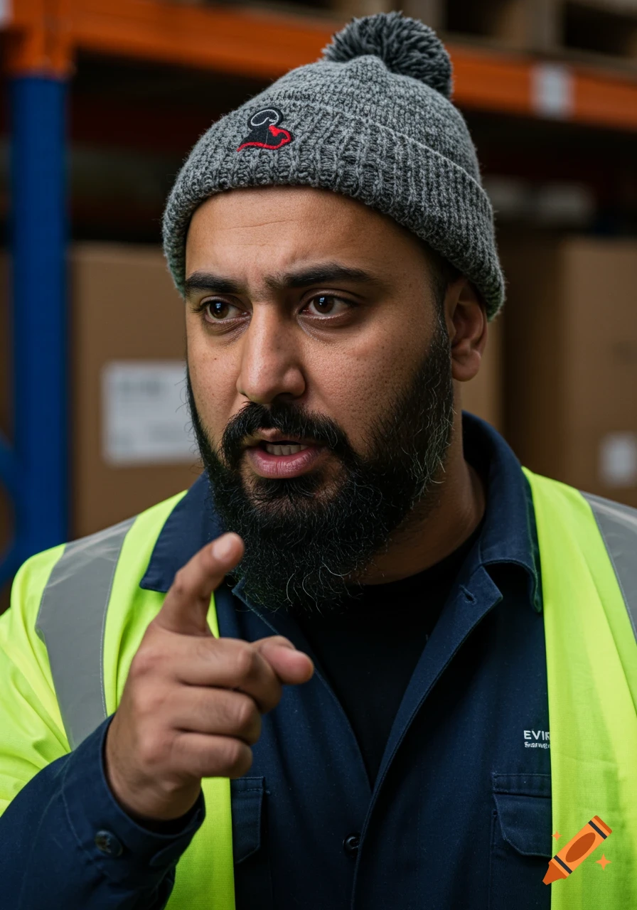 Close-up photorealistic portrait of a warehouse worker wearing a bobble hat and high-vis jacket, pointing his finger.