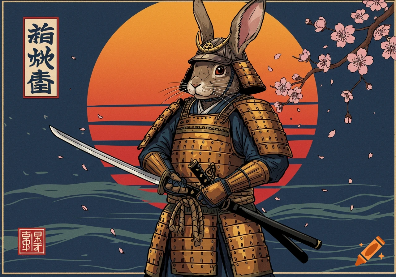Illustration of a rabbit samurai holding a sword, with a rising sun and cherry blossoms in a Japanese woodblock print style.