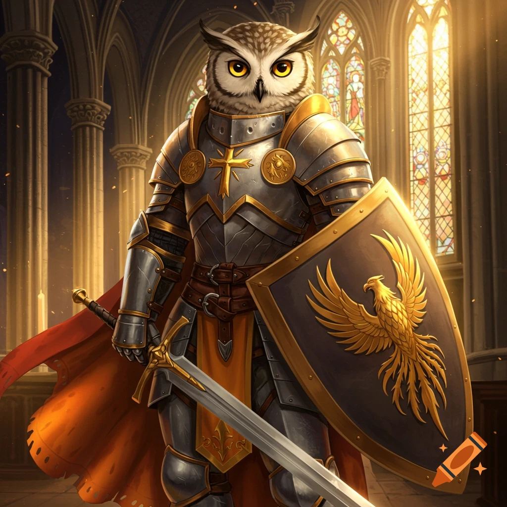 Humanoid owl paladin in ornate armor with a phoenix shield stands in a gothic cathedral.
