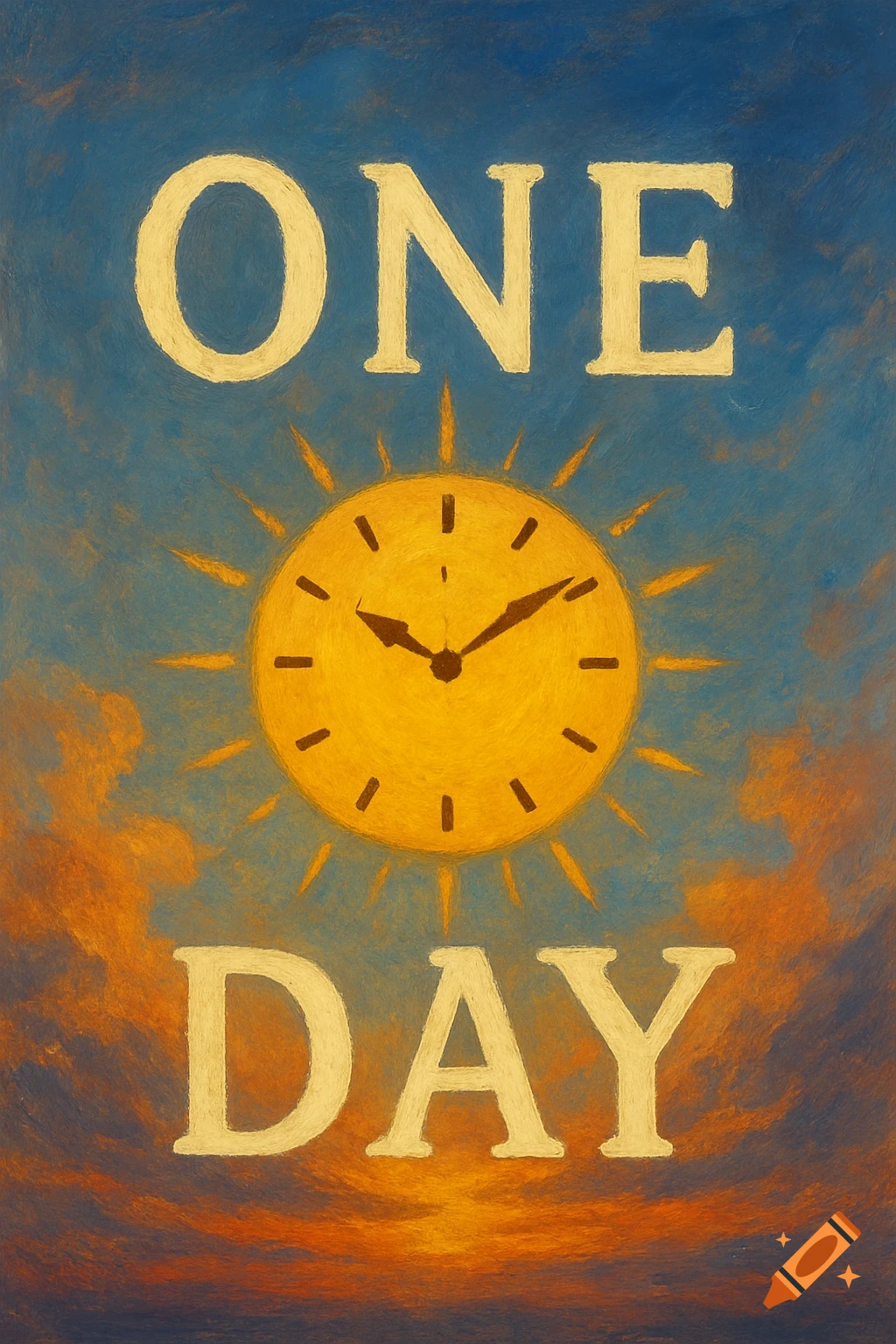 A painting showing the word ONE, a sun with a clock face, and the word DAY, against a sky.