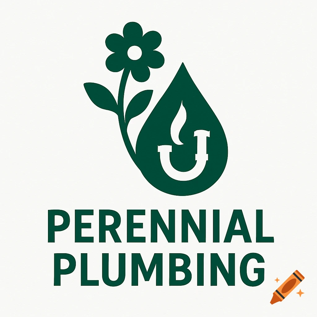 Logo with a dark green flower and a water drop shape containing a pipe inside, above the words PERENNIAL PLUMBING.