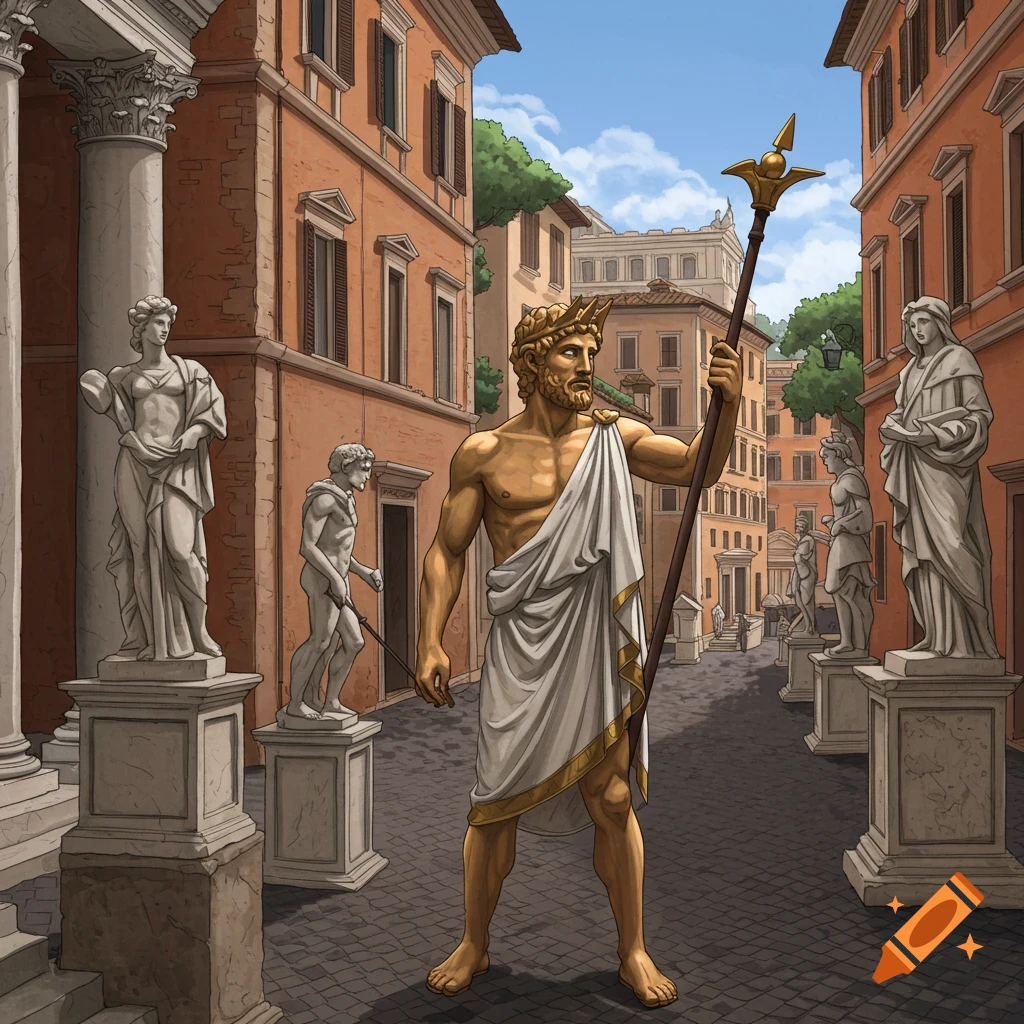 An illustration of a golden figure in a toga and crown holding a staff in a Roman street lined with buildings and statues.