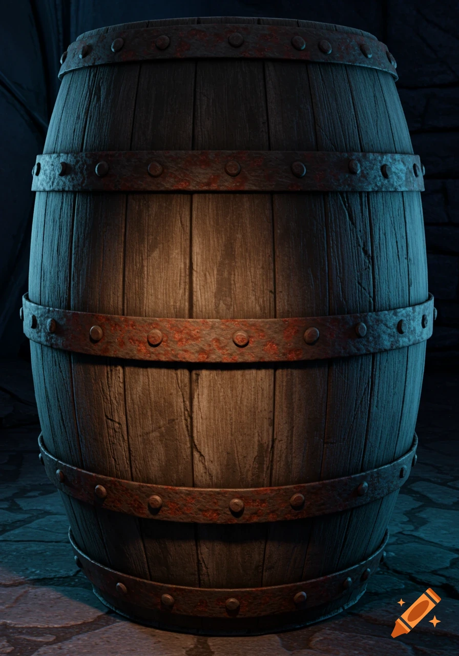 A detailed view of a rustic wooden barrel with rusty metal bands in a dimly lit setting.