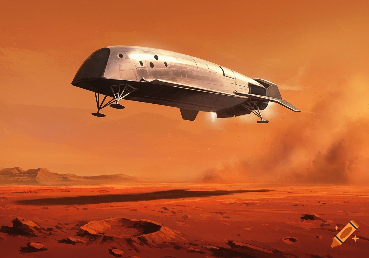 An illustration of a spacecraft flying low over the red, rocky surface of Mars.