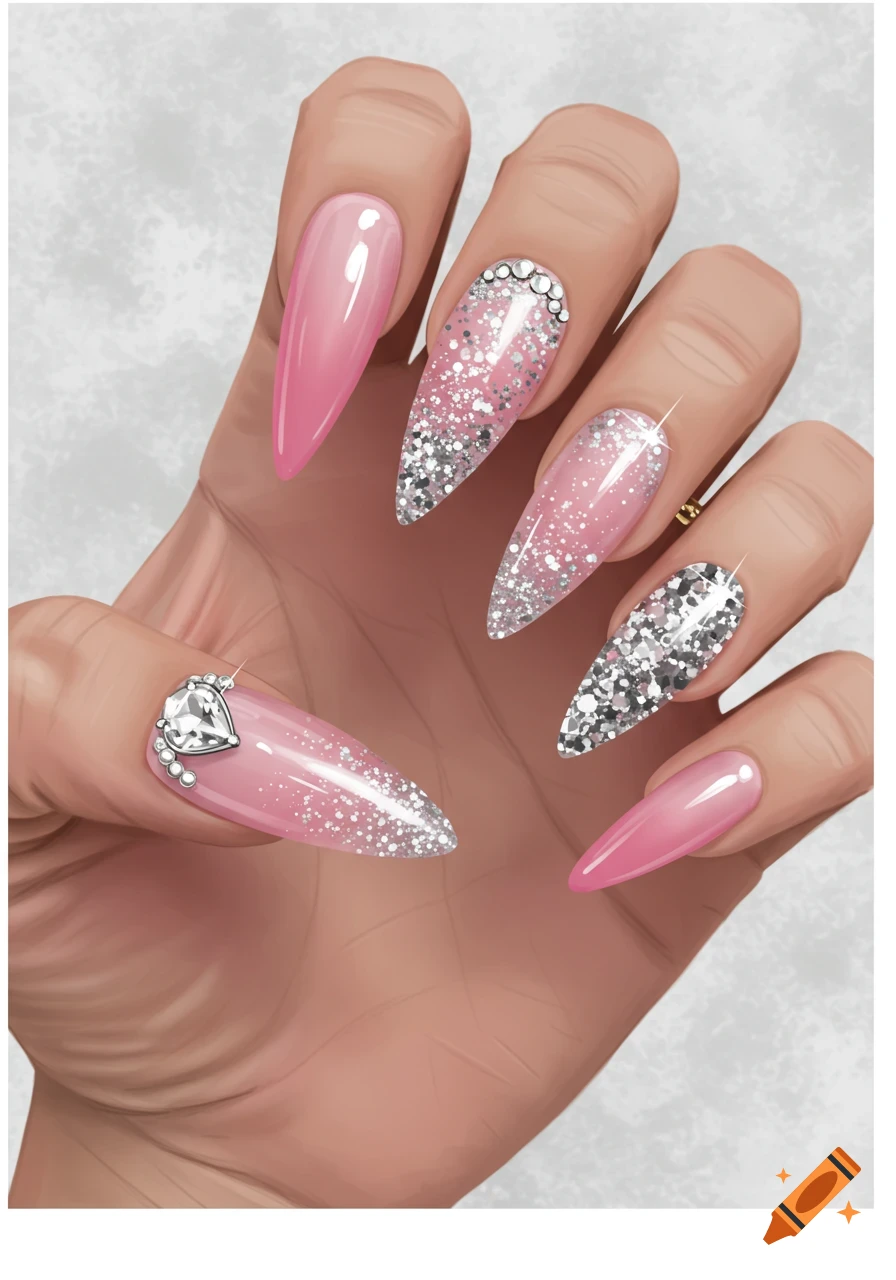Close-up illustration of a hand with long stiletto nails. The nails are pink ombre with silver glitter and rhinestone accents.