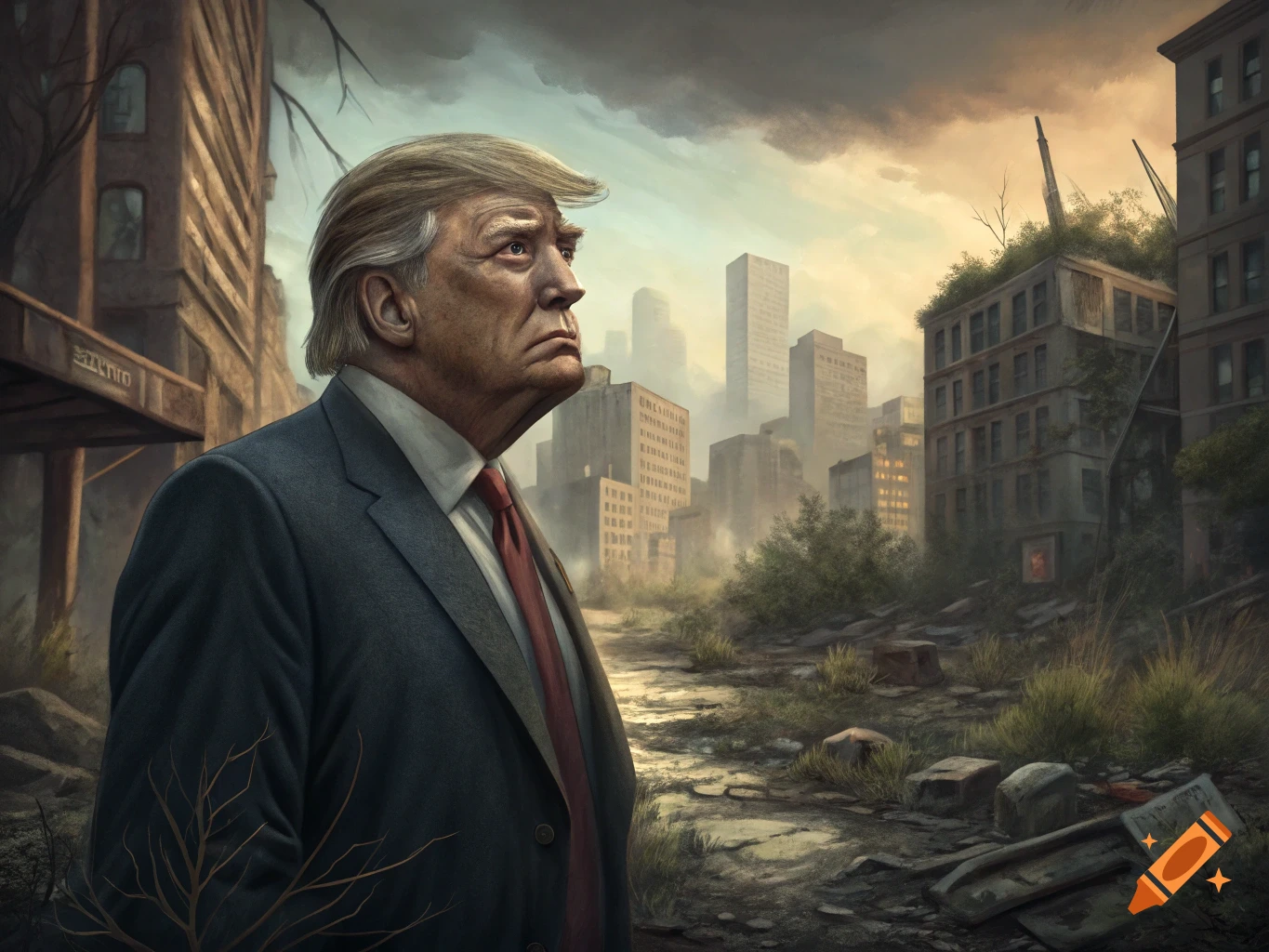 Realistic painting of Donald Trump in a suit standing in a ruined dystopian city.