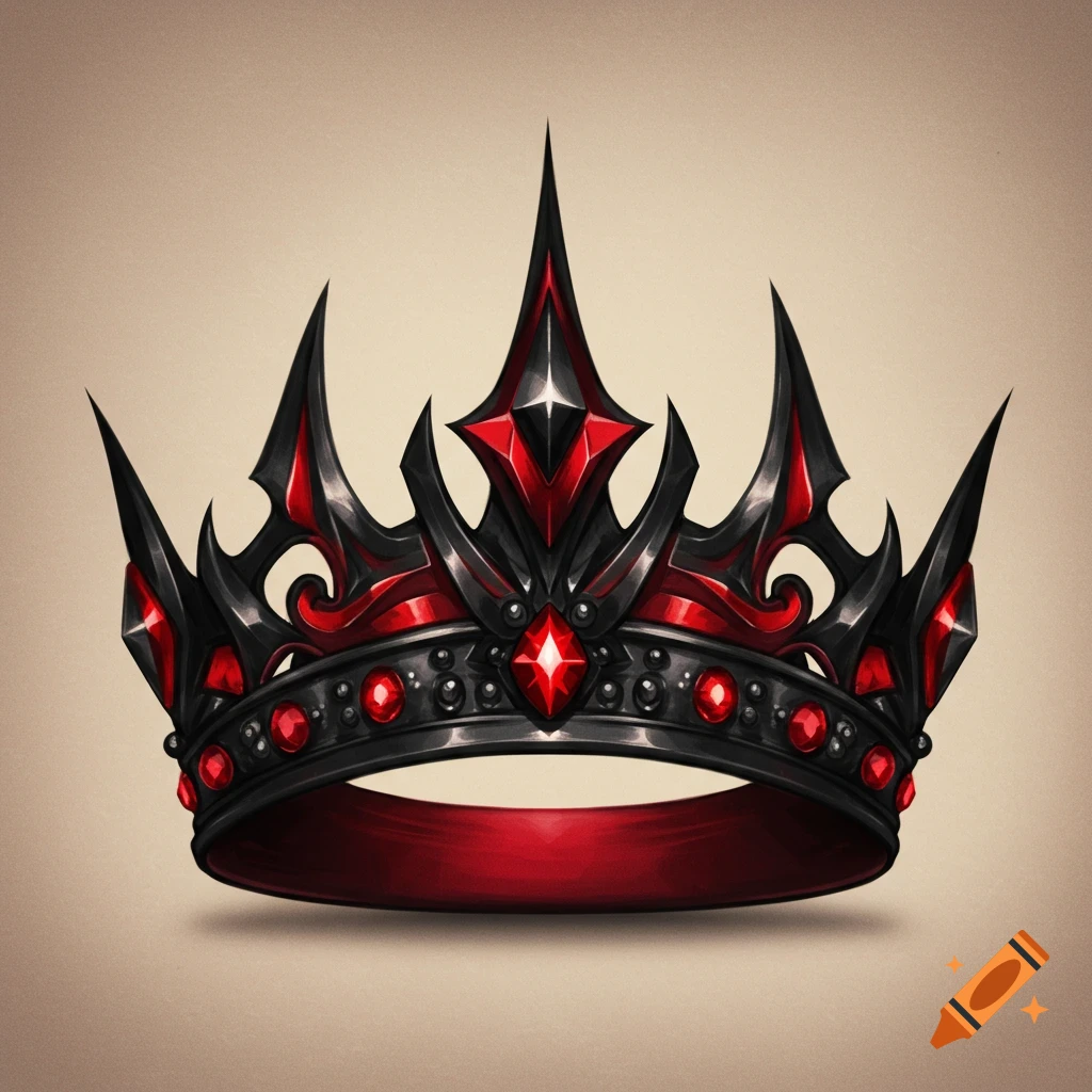 A black and red crown with pointed spires and red gems on a neutral background.